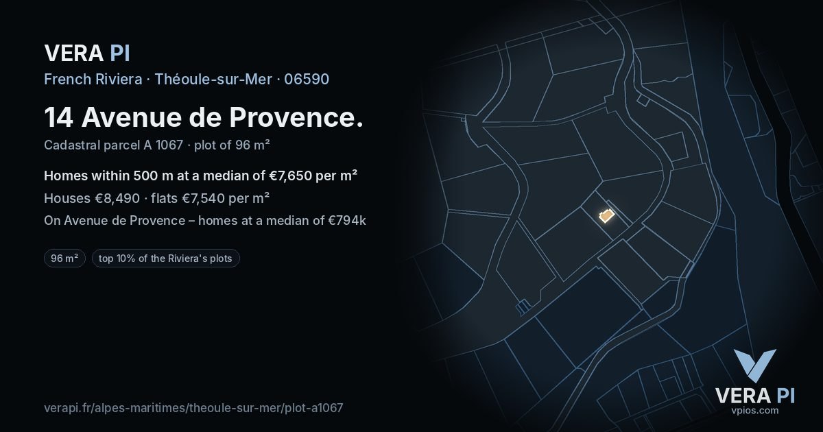 14 Avenue de Provence, Théoule-sur-Mer at night – the plot lit, the parcels around coloured by the prices near them