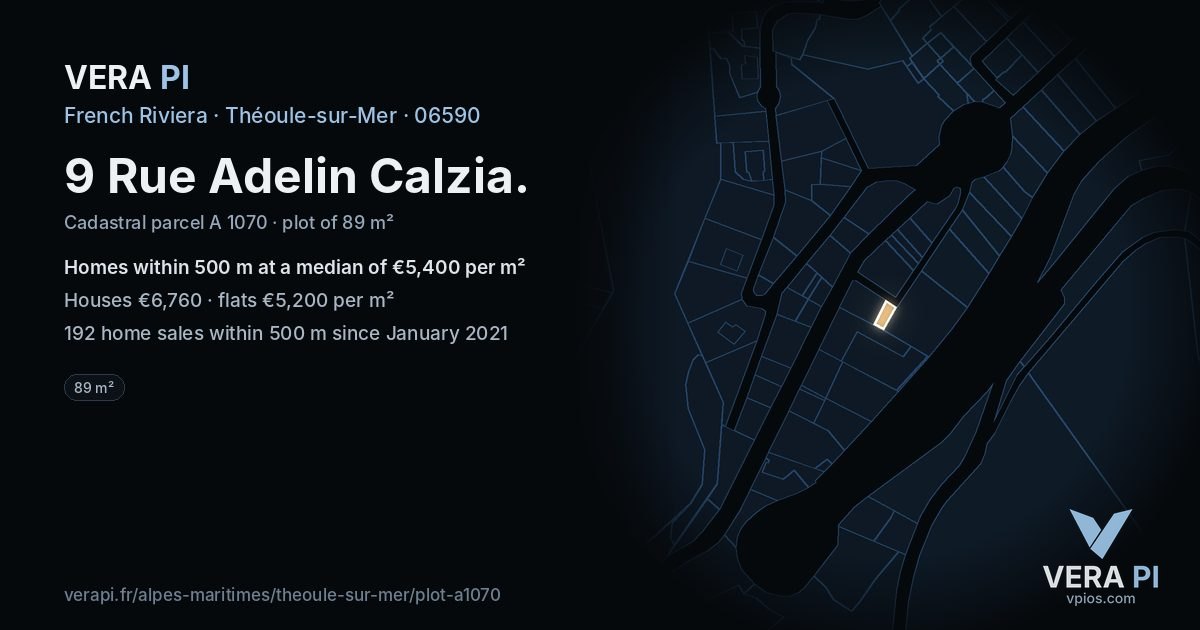 9 Rue Adelin Calzia, Théoule-sur-Mer at night – the plot lit, the parcels around coloured by the prices near them