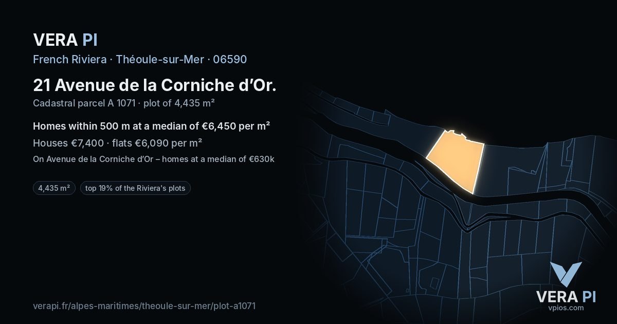 21 Avenue de la Corniche d’Or, Théoule-sur-Mer at night – the plot lit, the parcels around coloured by the prices near them