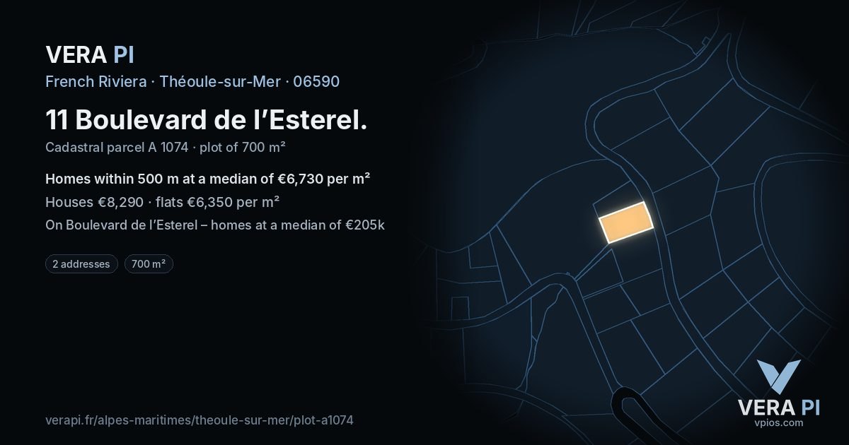 11 Boulevard de l’Esterel, Théoule-sur-Mer at night – the plot lit, the parcels around coloured by the prices near them