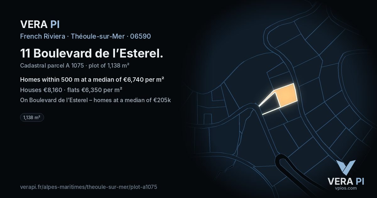 11 Boulevard de l’Esterel, Théoule-sur-Mer at night – the plot lit, the parcels around coloured by the prices near them