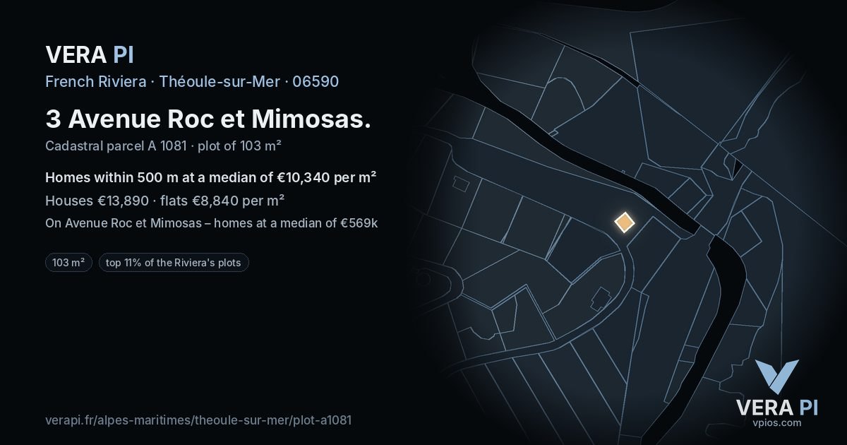 3 Avenue Roc et Mimosas, Théoule-sur-Mer at night – the plot lit, the parcels around coloured by the prices near them