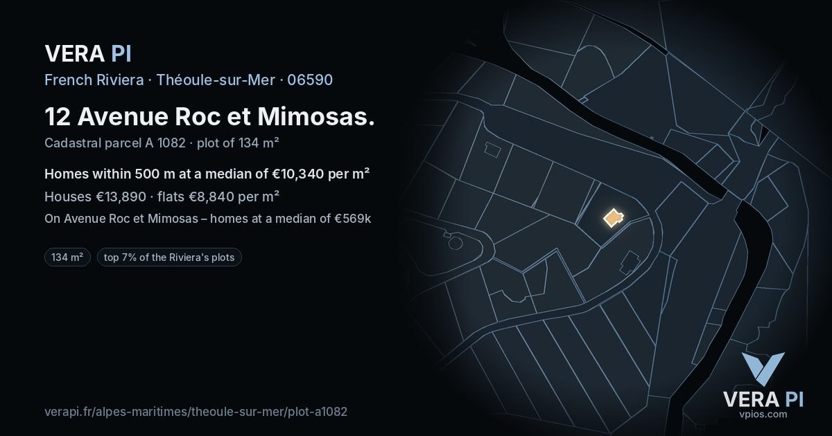 12 Avenue Roc et Mimosas, Théoule-sur-Mer at night – the plot lit, the parcels around coloured by the prices near them