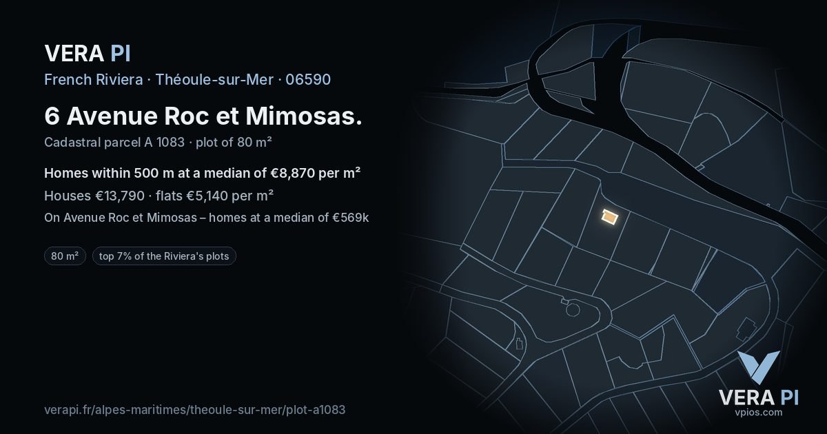 6 Avenue Roc et Mimosas, Théoule-sur-Mer at night – the plot lit, the parcels around coloured by the prices near them