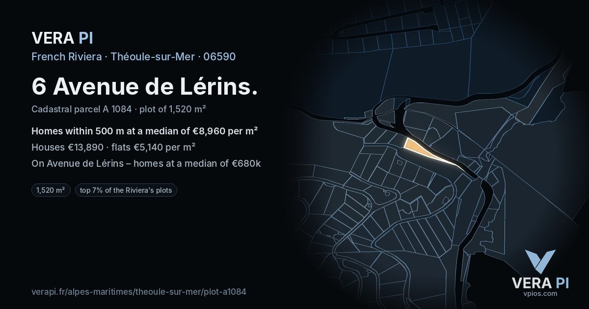 6 Avenue de Lérins, Théoule-sur-Mer at night – the plot lit, the parcels around coloured by the prices near them