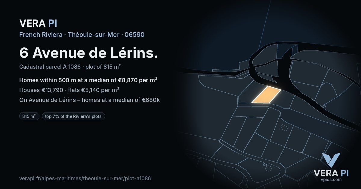 6 Avenue de Lérins, Théoule-sur-Mer at night – the plot lit, the parcels around coloured by the prices near them