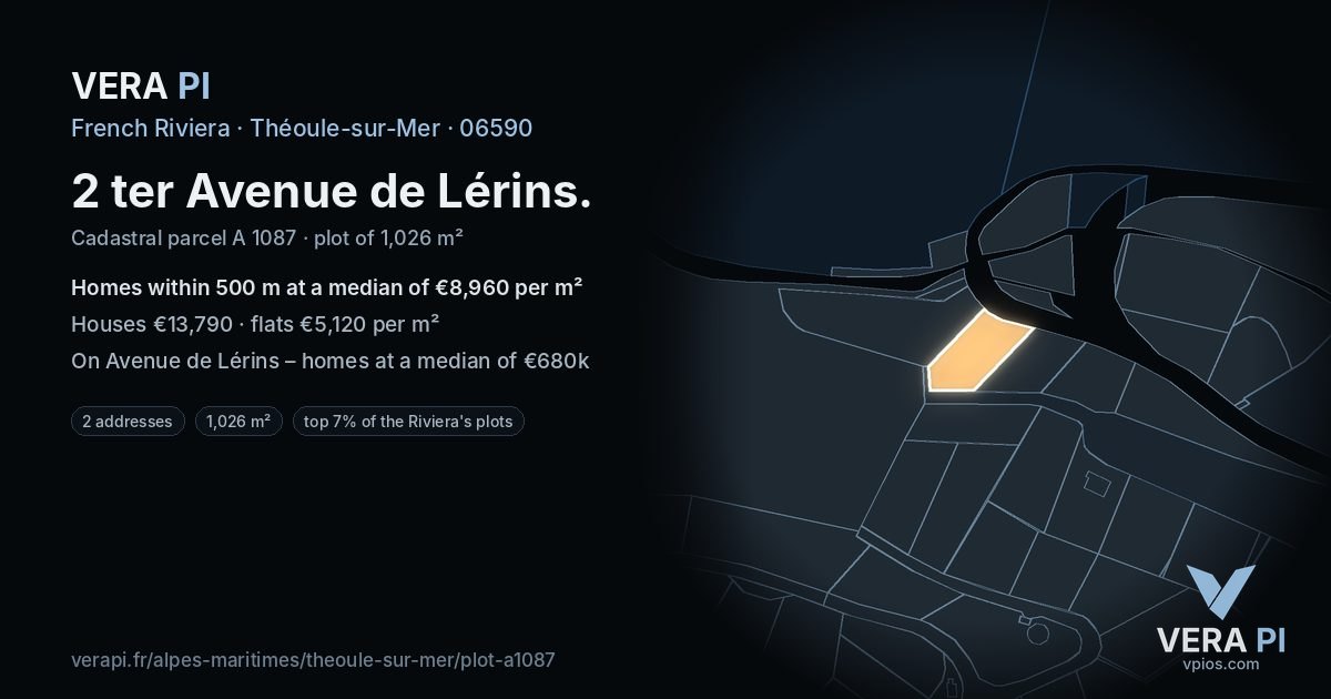 2 ter Avenue de Lérins, Théoule-sur-Mer at night – the plot lit, the parcels around coloured by the prices near them