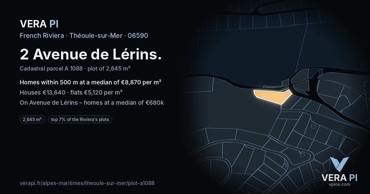 2 Avenue de Lérins, Théoule-sur-Mer at night – the plot lit, the parcels around coloured by the prices near them