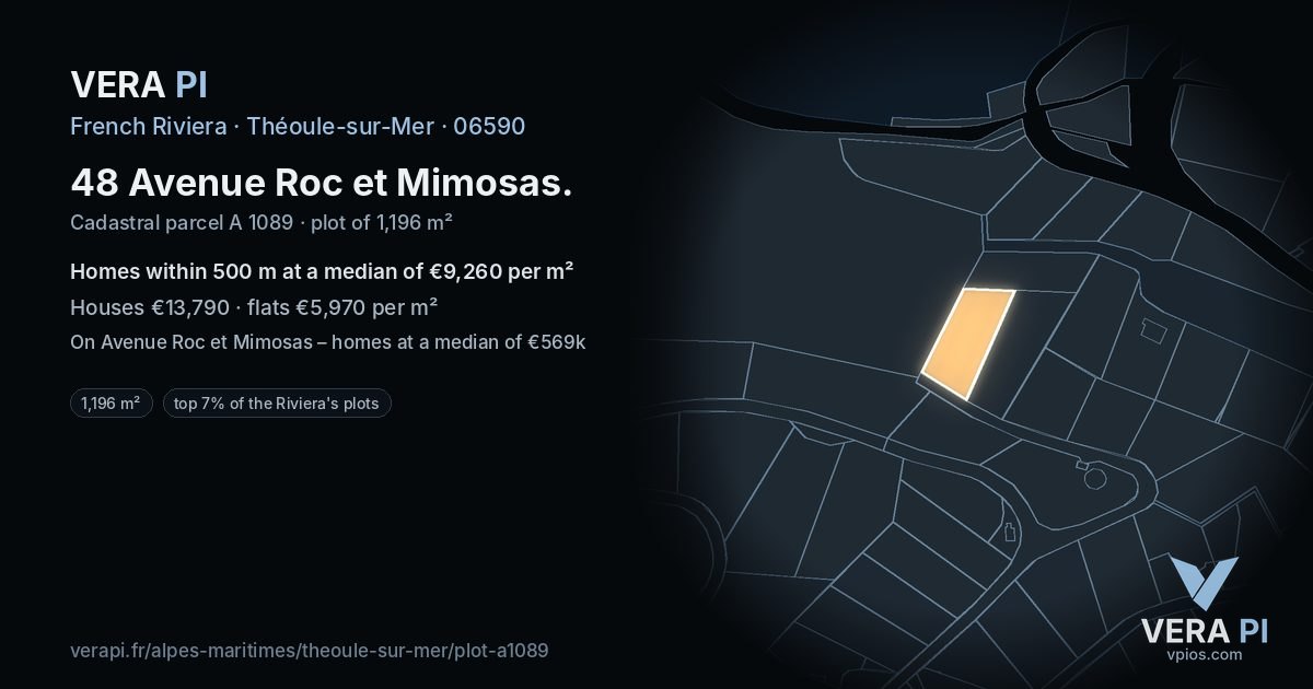 48 Avenue Roc et Mimosas, Théoule-sur-Mer at night – the plot lit, the parcels around coloured by the prices near them