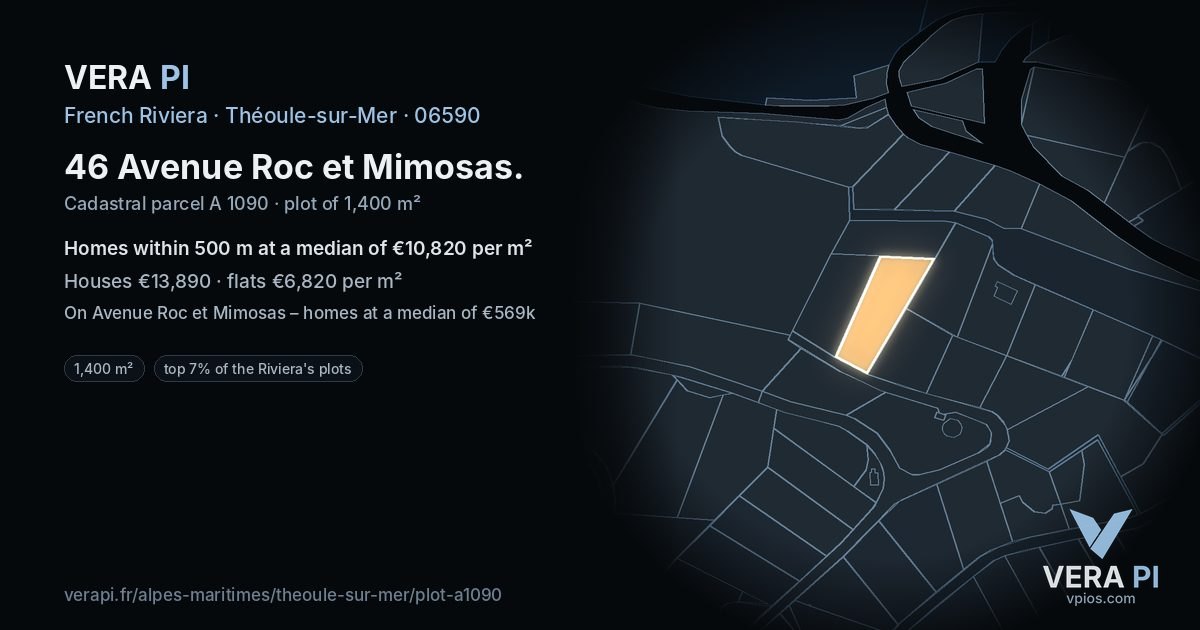 46 Avenue Roc et Mimosas, Théoule-sur-Mer at night – the plot lit, the parcels around coloured by the prices near them