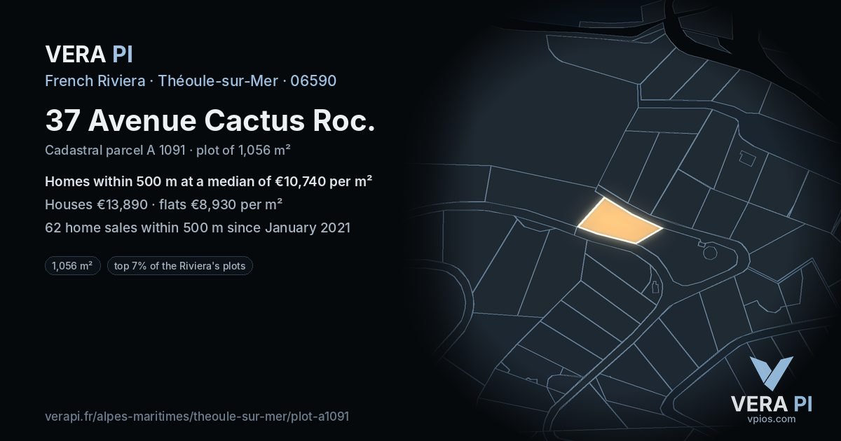37 Avenue Cactus Roc, Théoule-sur-Mer at night – the plot lit, the parcels around coloured by the prices near them