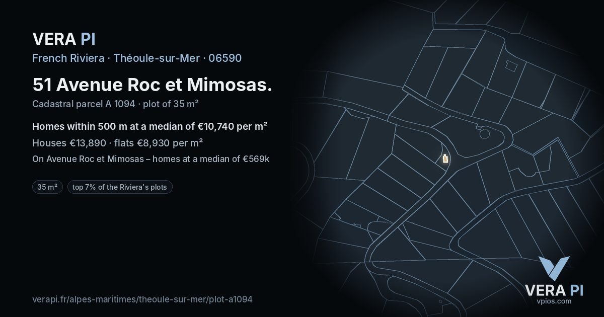 51 Avenue Roc et Mimosas, Théoule-sur-Mer at night – the plot lit, the parcels around coloured by the prices near them