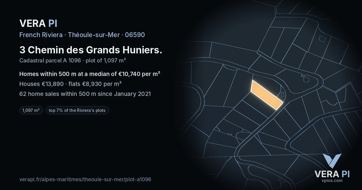 3 Chemin des Grands Huniers, Théoule-sur-Mer at night – the plot lit, the parcels around coloured by the prices near them