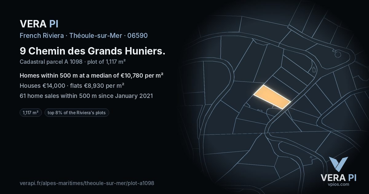 9 Chemin des Grands Huniers, Théoule-sur-Mer at night – the plot lit, the parcels around coloured by the prices near them