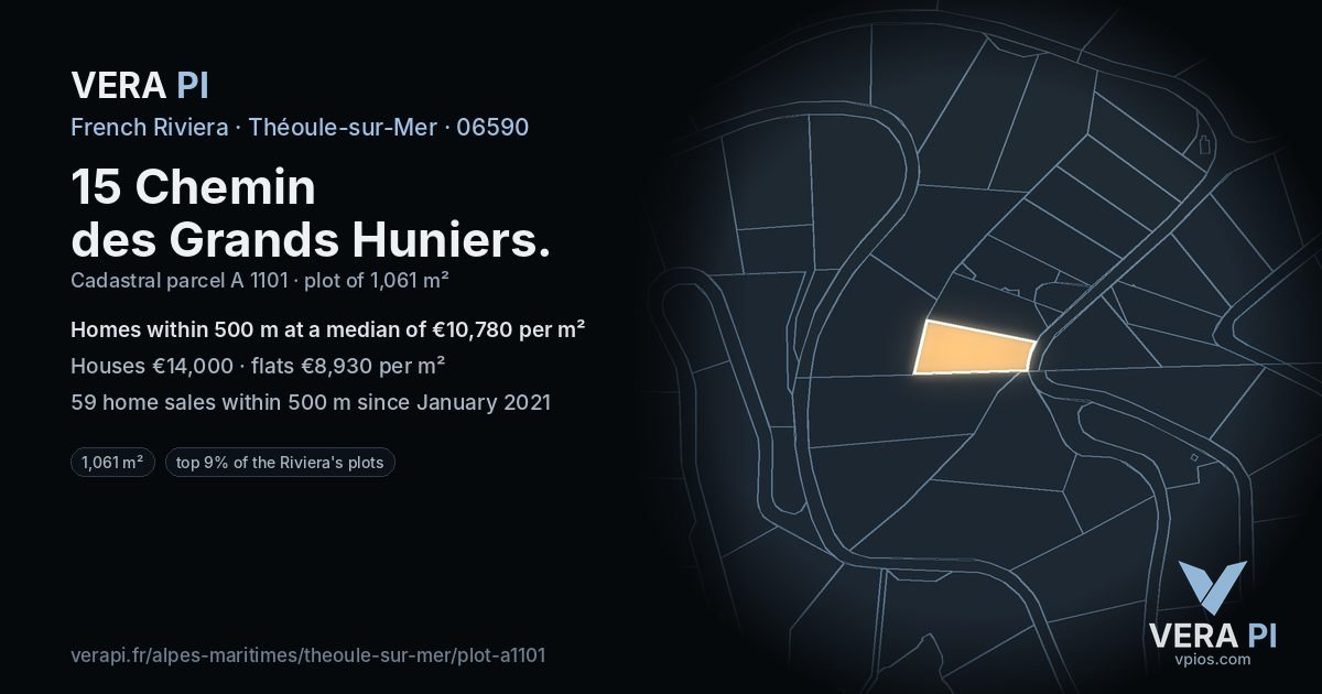 15 Chemin des Grands Huniers, Théoule-sur-Mer at night – the plot lit, the parcels around coloured by the prices near them