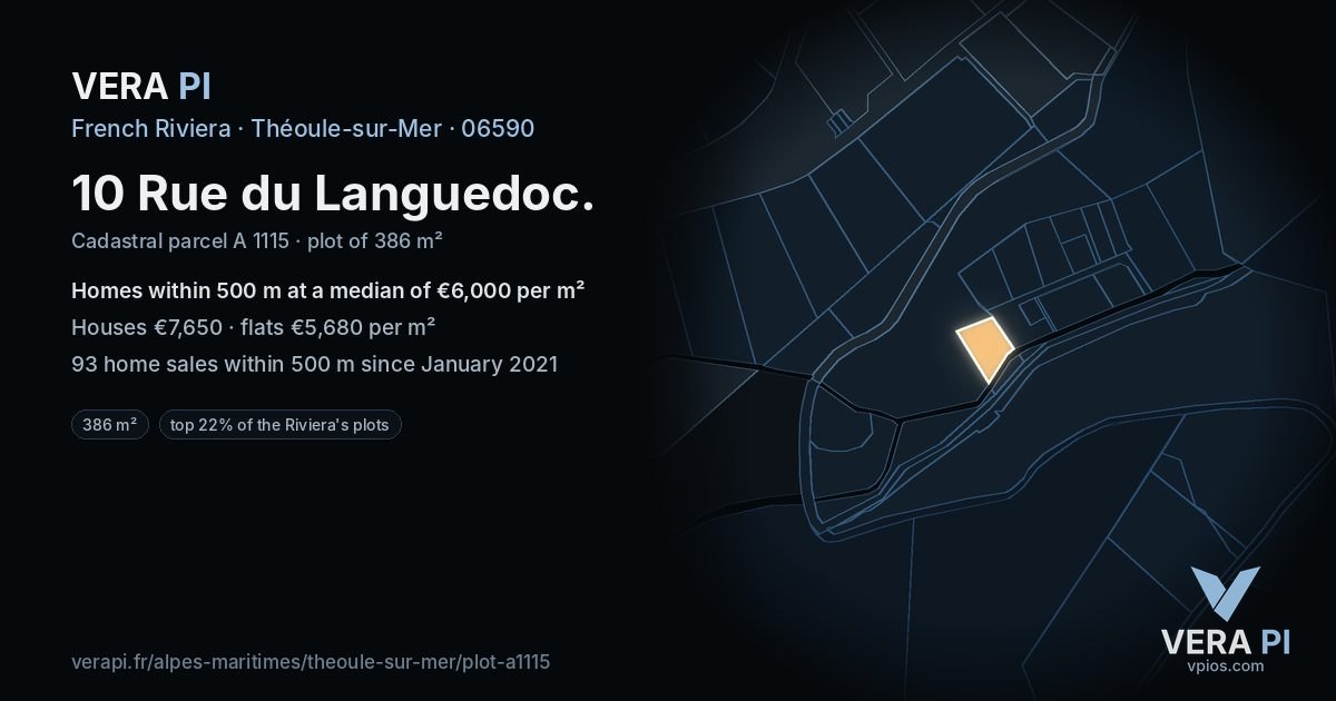 10 Rue du Languedoc, Théoule-sur-Mer at night – the plot lit, the parcels around coloured by the prices near them