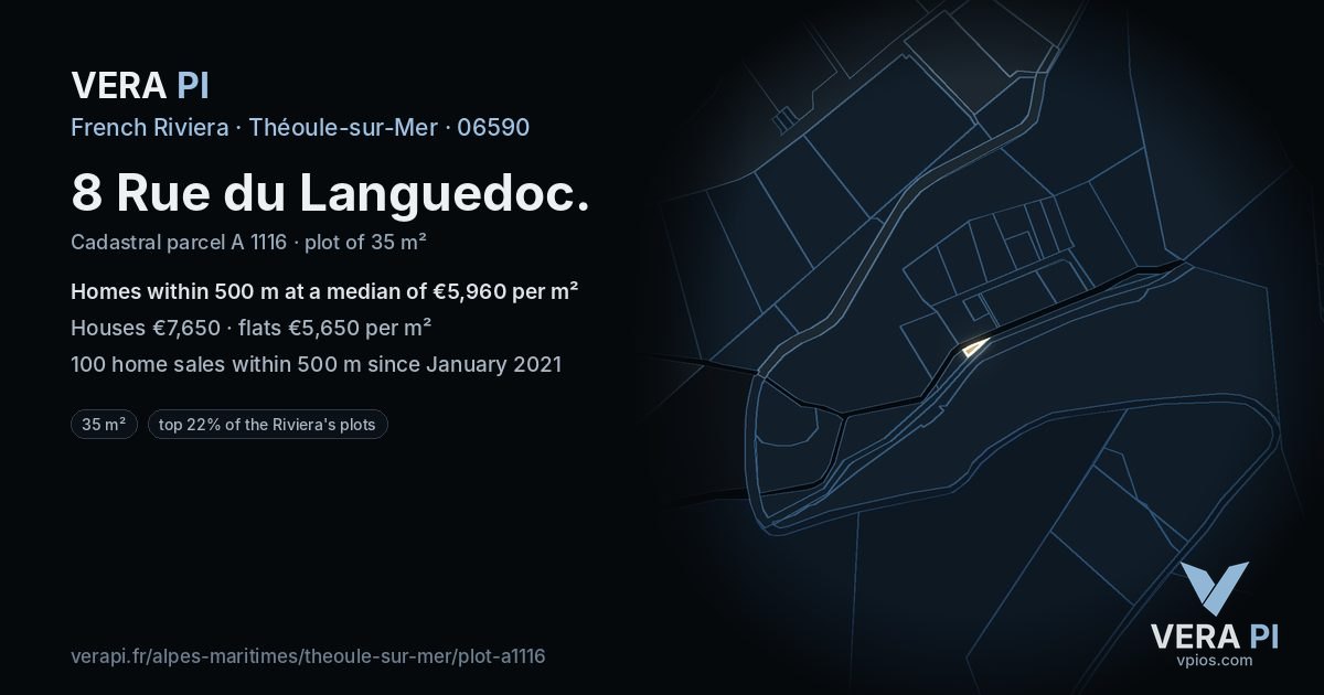 8 Rue du Languedoc, Théoule-sur-Mer at night – the plot lit, the parcels around coloured by the prices near them