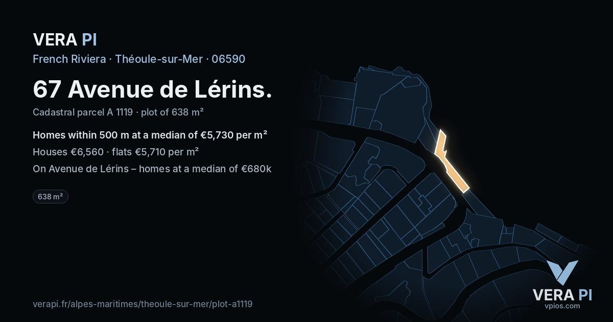 67 Avenue de Lérins, Théoule-sur-Mer at night – the plot lit, the parcels around coloured by the prices near them