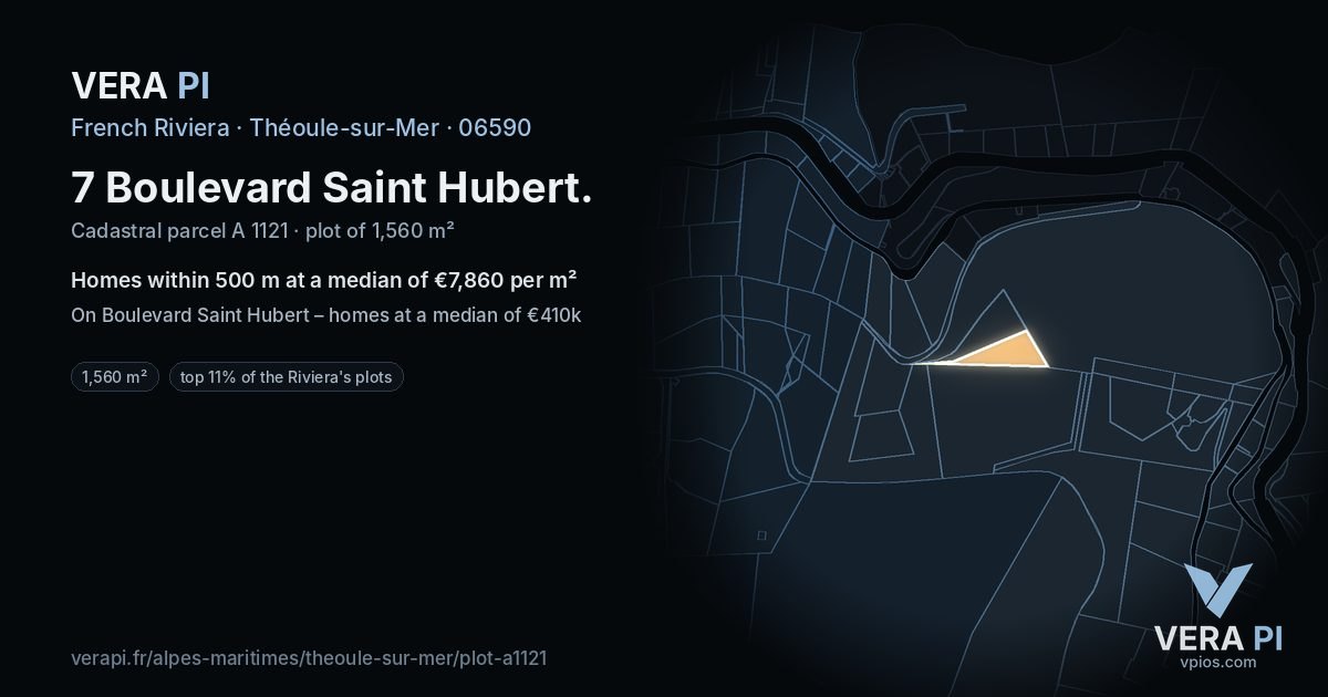 7 Boulevard Saint Hubert, Théoule-sur-Mer at night – the plot lit, the parcels around coloured by the prices near them