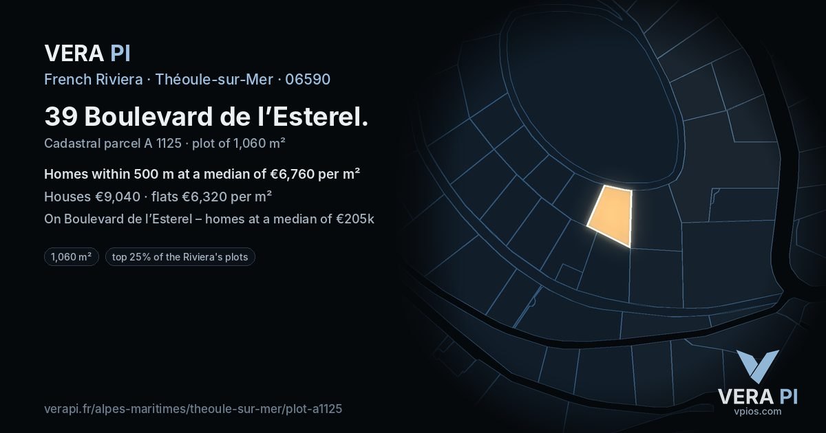 39 Boulevard de l’Esterel, Théoule-sur-Mer at night – the plot lit, the parcels around coloured by the prices near them