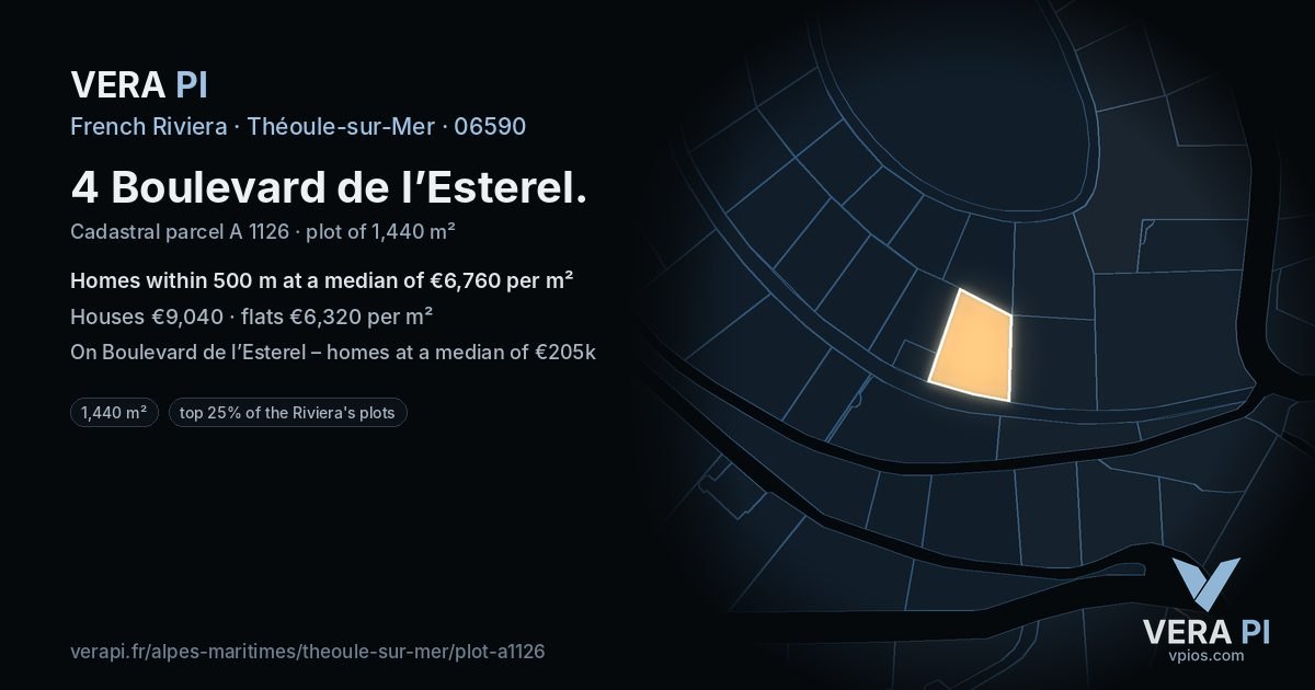 4 Boulevard de l’Esterel, Théoule-sur-Mer at night – the plot lit, the parcels around coloured by the prices near them
