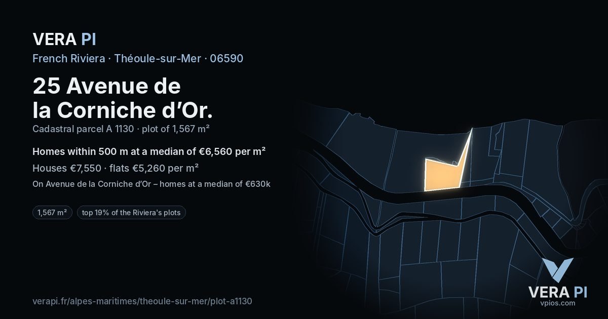 25 Avenue de la Corniche d’Or, Théoule-sur-Mer at night – the plot lit, the parcels around coloured by the prices near them