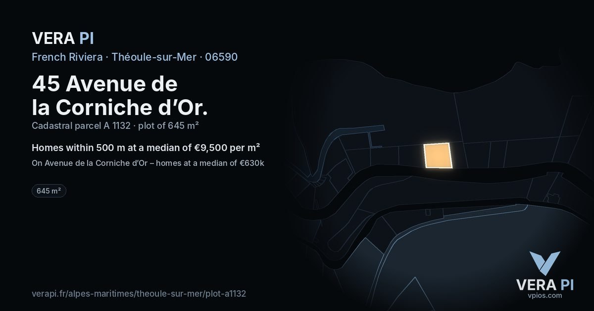 45 Avenue de la Corniche d’Or, Théoule-sur-Mer at night – the plot lit, the parcels around coloured by the prices near them