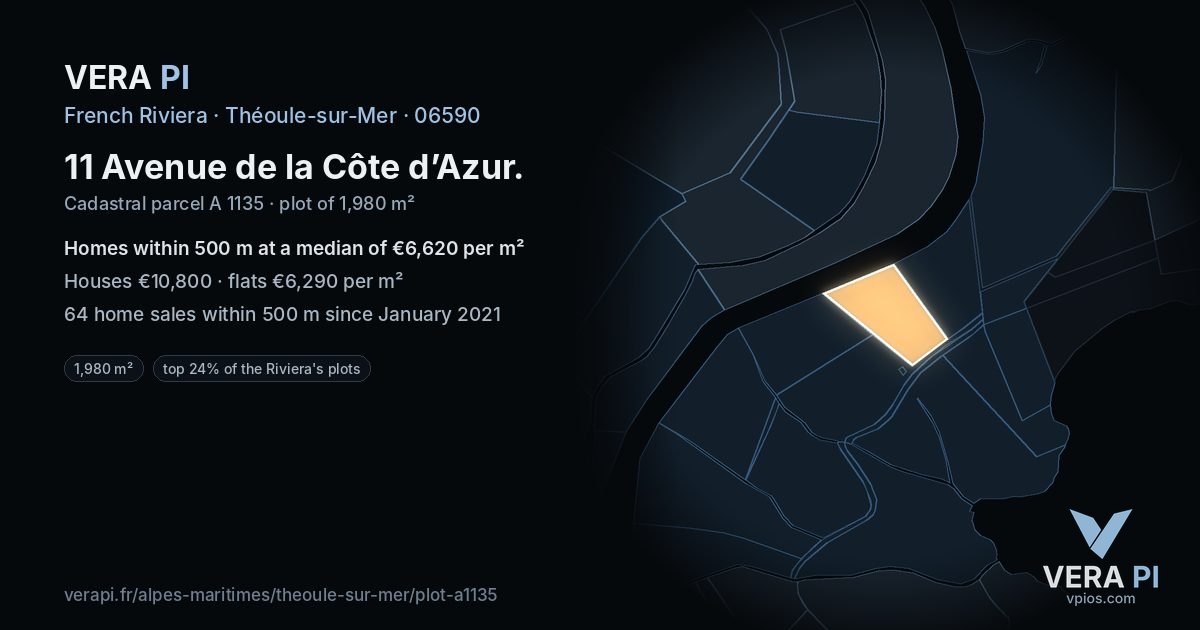 11 Avenue de la Côte d’Azur, Théoule-sur-Mer at night – the plot lit, the parcels around coloured by the prices near them