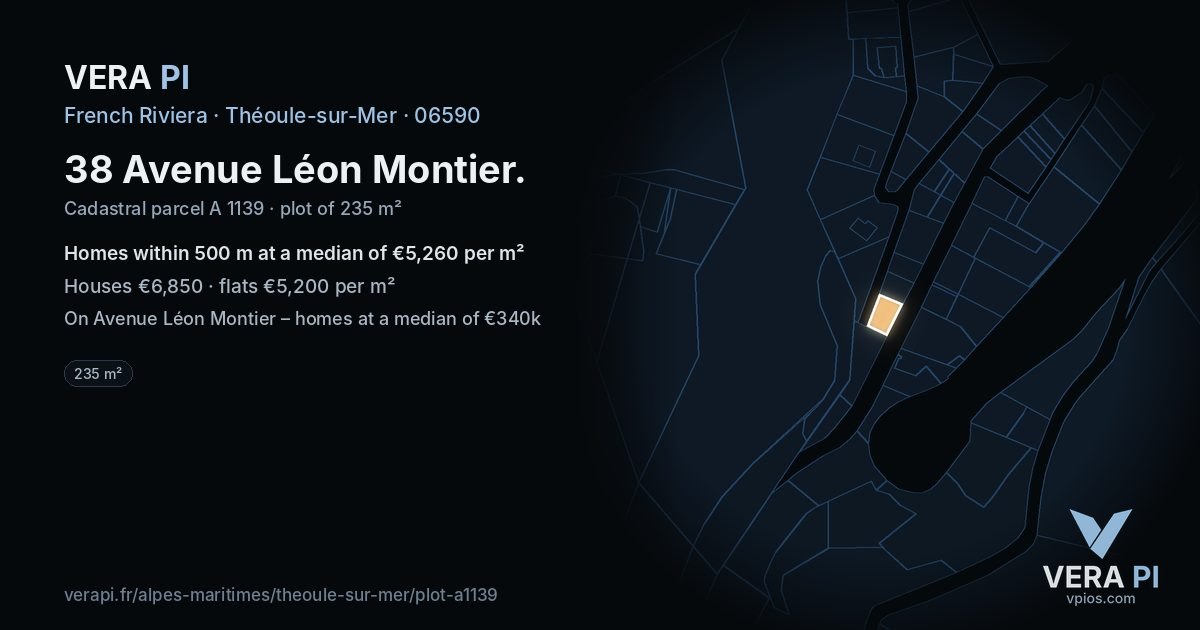 38 Avenue Léon Montier, Théoule-sur-Mer at night – the plot lit, the parcels around coloured by the prices near them