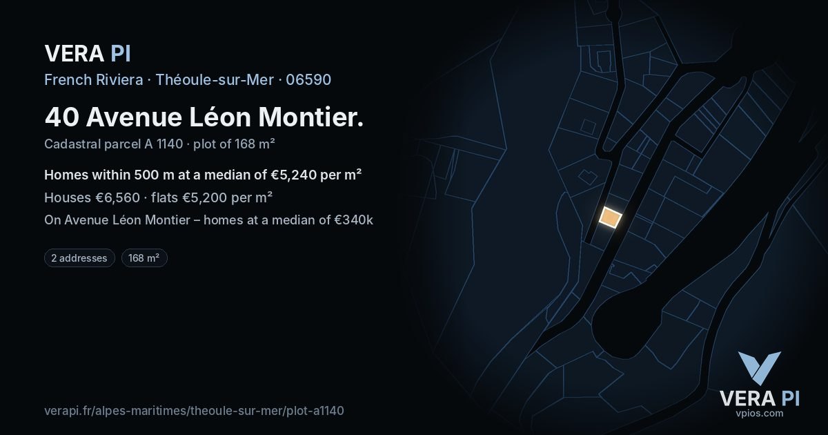 40 Avenue Léon Montier, Théoule-sur-Mer at night – the plot lit, the parcels around coloured by the prices near them