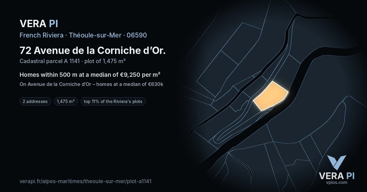 72 Avenue de la Corniche d’Or, Théoule-sur-Mer at night – the plot lit, the parcels around coloured by the prices near them
