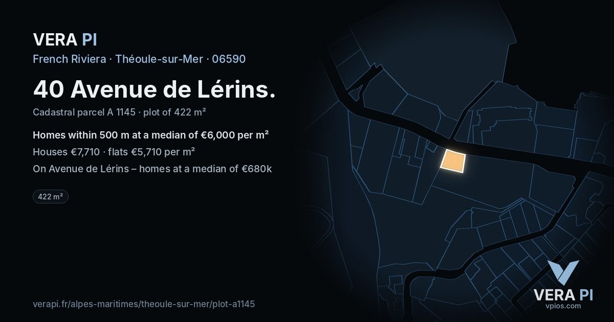 40 Avenue de Lérins, Théoule-sur-Mer at night – the plot lit, the parcels around coloured by the prices near them