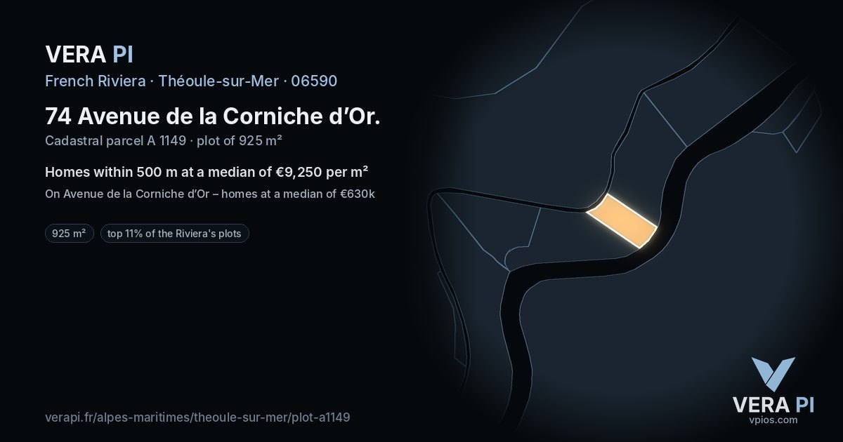 74 Avenue de la Corniche d’Or, Théoule-sur-Mer at night – the plot lit, the parcels around coloured by the prices near them