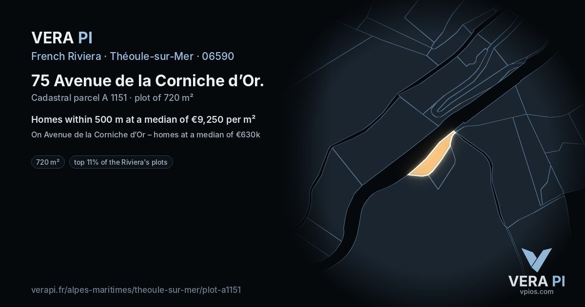 75 Avenue de la Corniche d’Or, Théoule-sur-Mer at night – the plot lit, the parcels around coloured by the prices near them