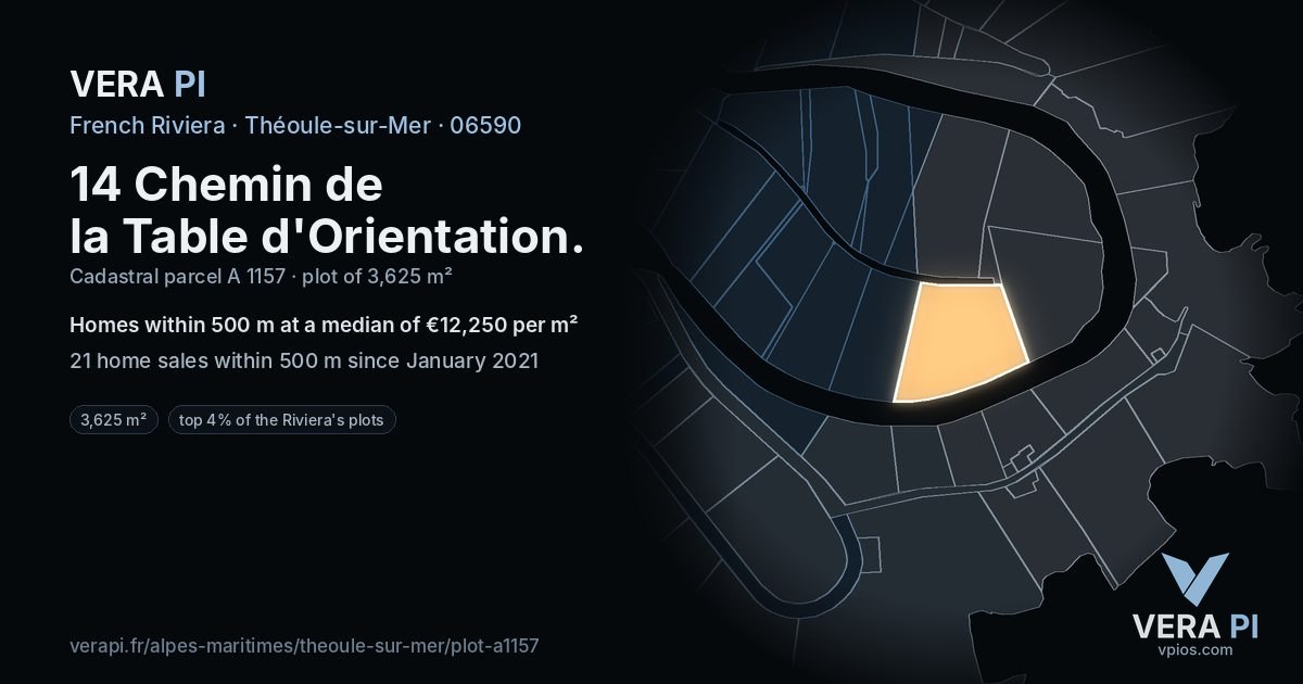 14 Chemin de la Table d'Orientation, Théoule-sur-Mer at night – the plot lit, the parcels around coloured by the prices near them