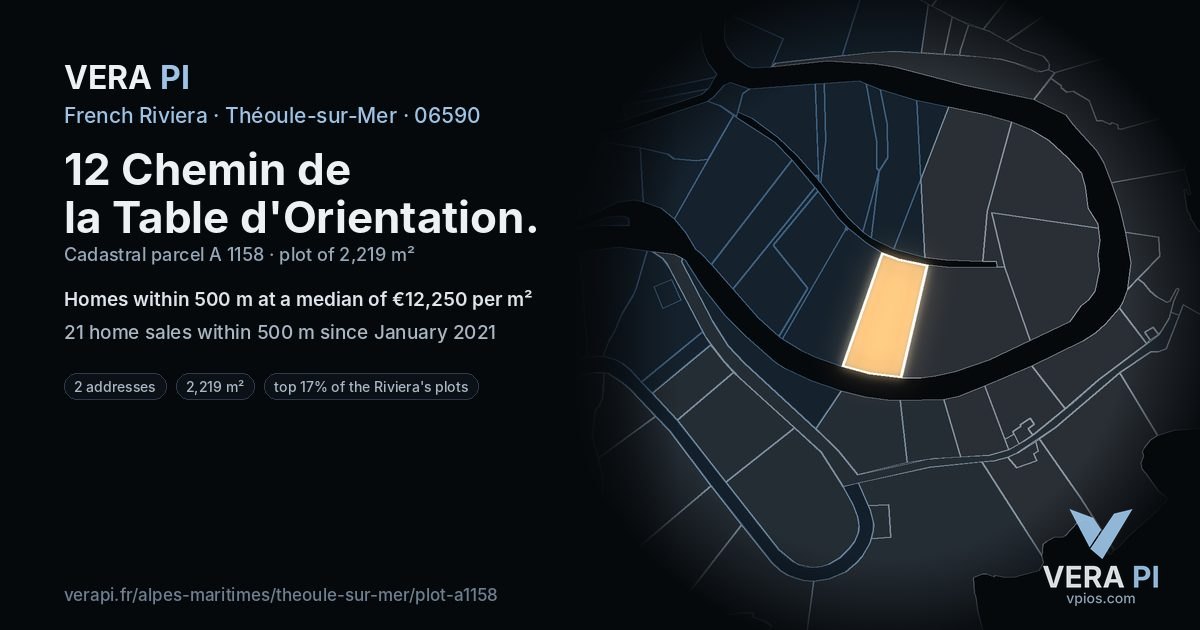 12 Chemin de la Table d'Orientation, Théoule-sur-Mer at night – the plot lit, the parcels around coloured by the prices near them