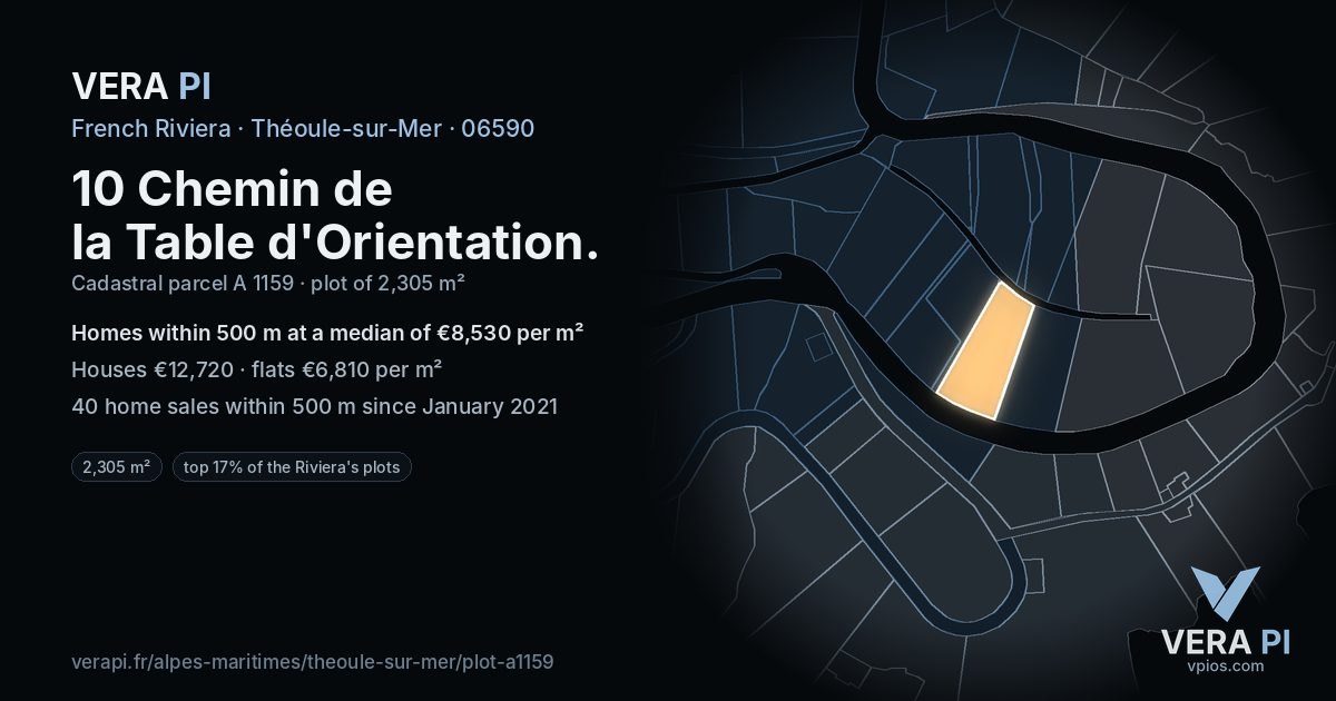 10 Chemin de la Table d'Orientation, Théoule-sur-Mer at night – the plot lit, the parcels around coloured by the prices near them