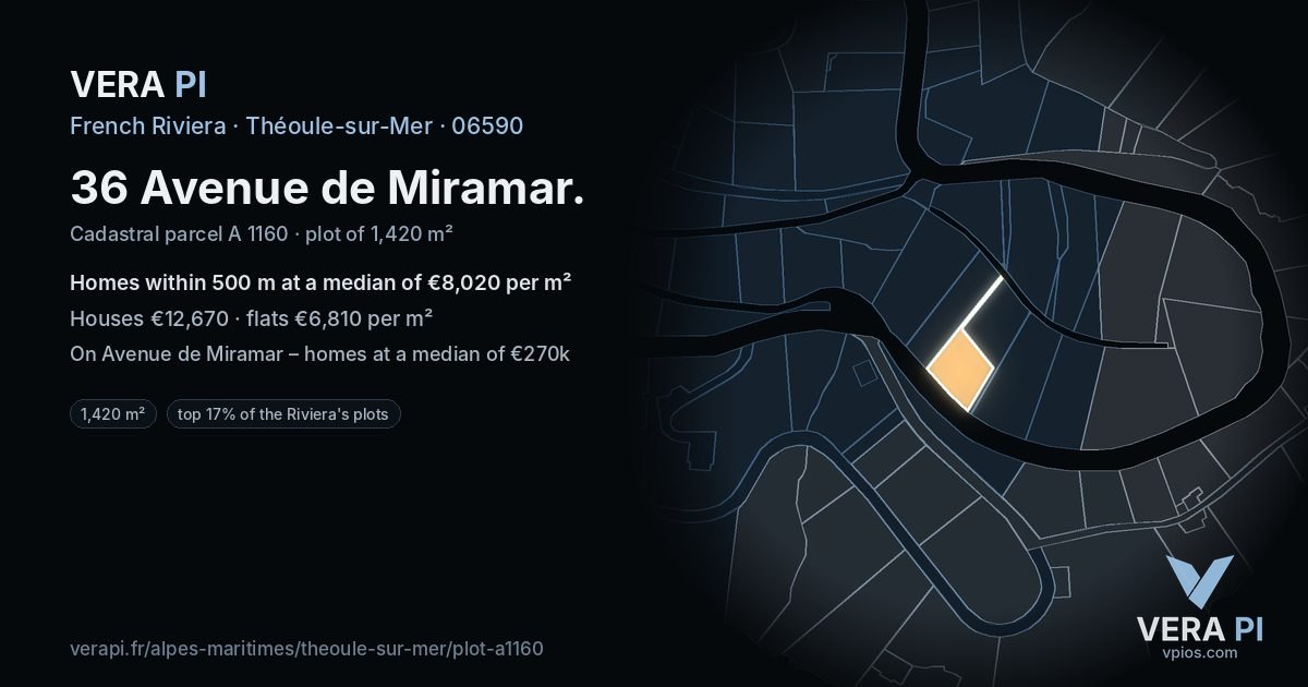 36 Avenue de Miramar, Théoule-sur-Mer at night – the plot lit, the parcels around coloured by the prices near them