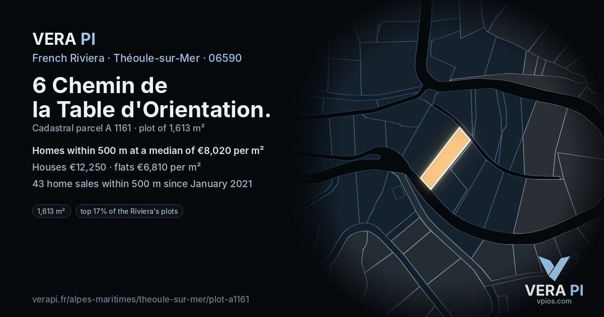 6 Chemin de la Table d'Orientation, Théoule-sur-Mer at night – the plot lit, the parcels around coloured by the prices near them