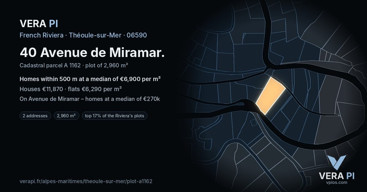 40 Avenue de Miramar, Théoule-sur-Mer at night – the plot lit, the parcels around coloured by the prices near them