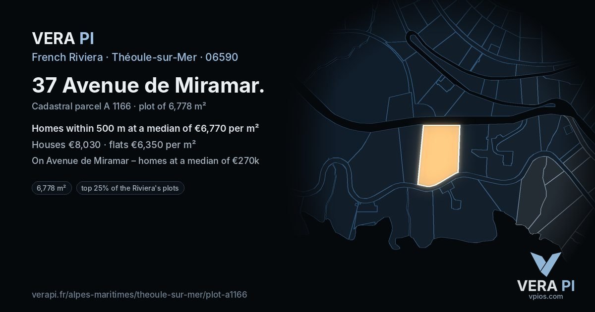 37 Avenue de Miramar, Théoule-sur-Mer at night – the plot lit, the parcels around coloured by the prices near them