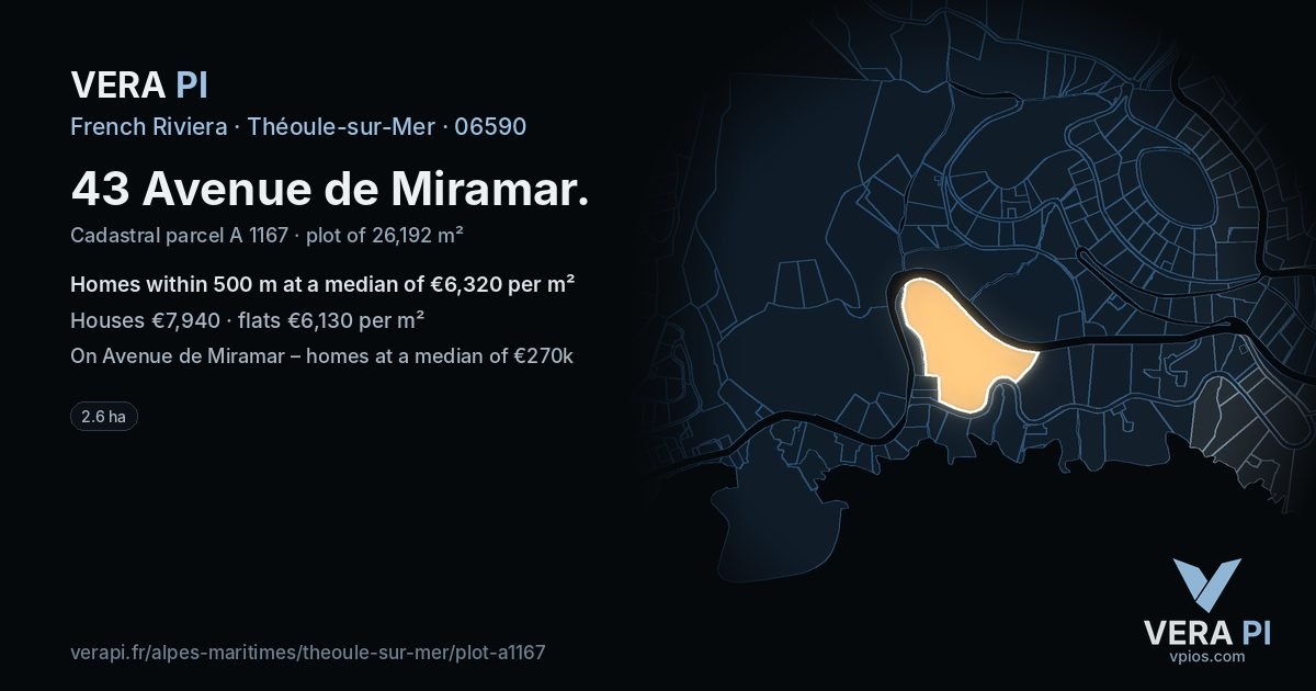 43 Avenue de Miramar, Théoule-sur-Mer at night – the plot lit, the parcels around coloured by the prices near them