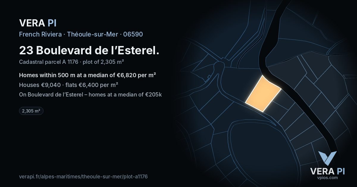 23 Boulevard de l’Esterel, Théoule-sur-Mer at night – the plot lit, the parcels around coloured by the prices near them