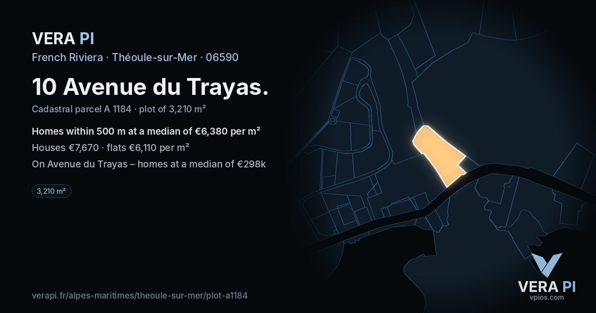 10 Avenue du Trayas, Théoule-sur-Mer at night – the plot lit, the parcels around coloured by the prices near them
