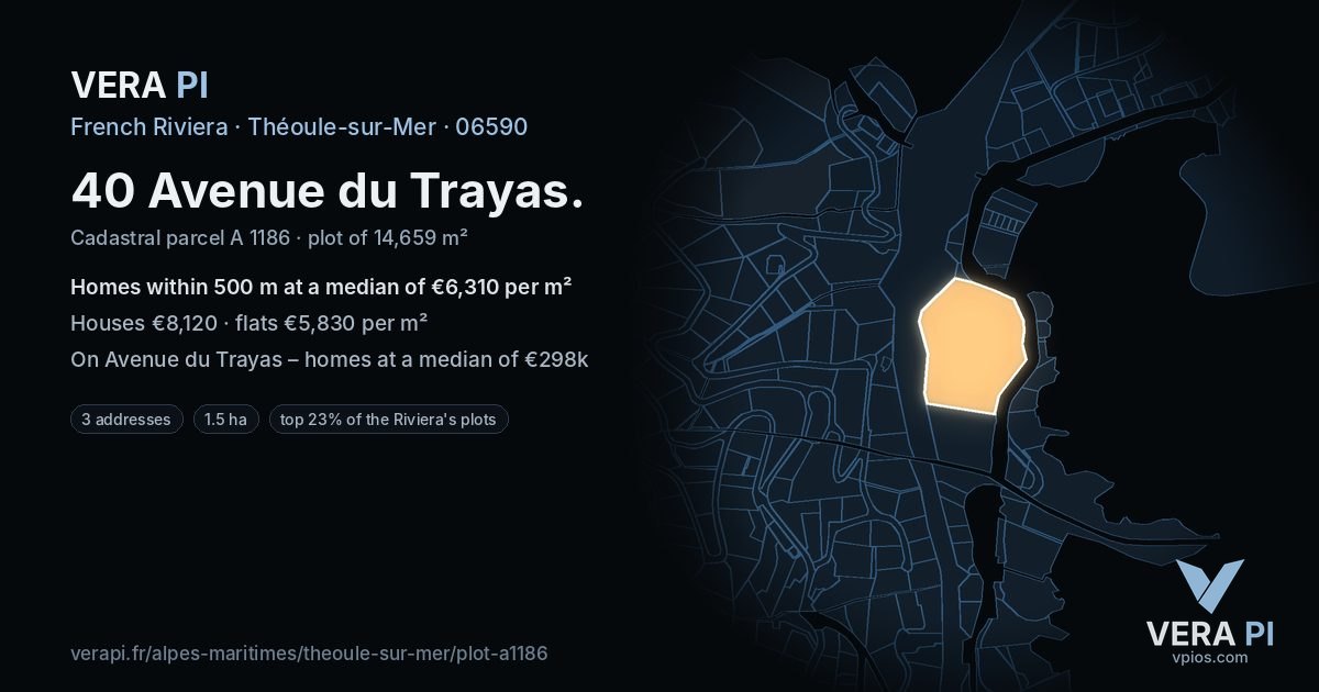 40 Avenue du Trayas, Théoule-sur-Mer at night – the plot lit, the parcels around coloured by the prices near them