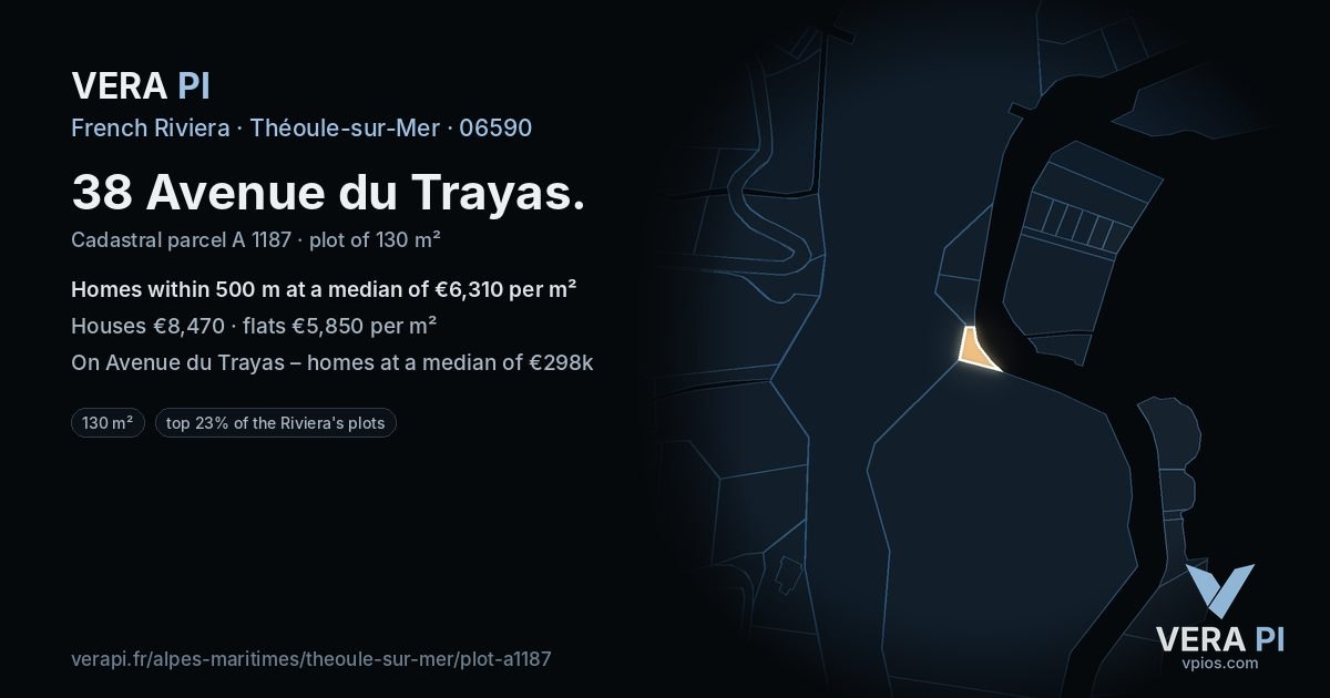 38 Avenue du Trayas, Théoule-sur-Mer at night – the plot lit, the parcels around coloured by the prices near them