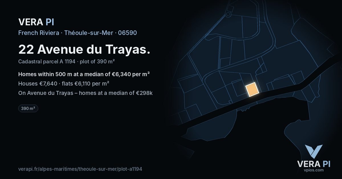 22 Avenue du Trayas, Théoule-sur-Mer at night – the plot lit, the parcels around coloured by the prices near them