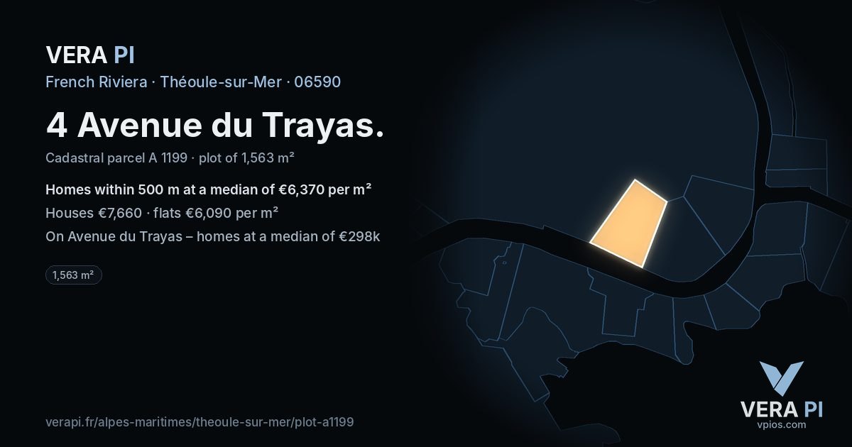 4 Avenue du Trayas, Théoule-sur-Mer at night – the plot lit, the parcels around coloured by the prices near them