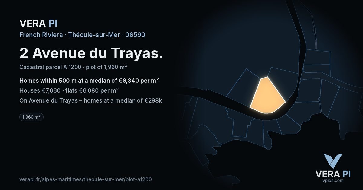 2 Avenue du Trayas, Théoule-sur-Mer at night – the plot lit, the parcels around coloured by the prices near them