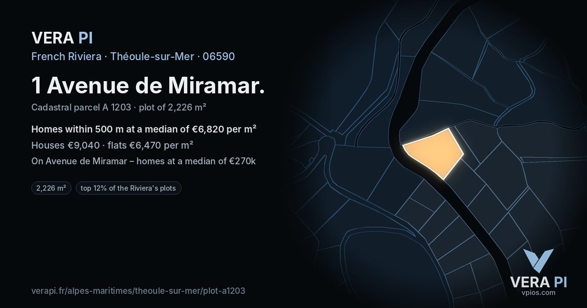 1 Avenue de Miramar, Théoule-sur-Mer at night – the plot lit, the parcels around coloured by the prices near them